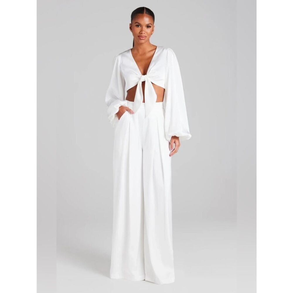 NADINE MERABI White Daniella Suit Satin Top & Trousers Sz 4 NWT